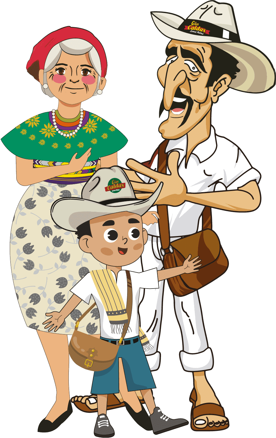 Ofelia, Fortunato y Max, la familia Gran Caldas, ilustrados con sombrero y carriel